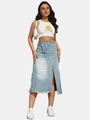 Detailed view of asymmetric waist design and side slit on blue denim midi skirt - S / Light Blue