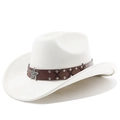Detail of western cowboy hat with brown leather band, silver rivets and star emblem - M (56-58cm) / Cream