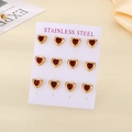 6-pair set of gold stainless steel heart stud earrings with red crystal inlay - Gold/Red