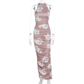 Robe mi-longue dos nu rose poudré avec imprimé floral et fronces sur le côté - S / Arc-en-ciel