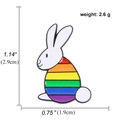 Detail view of rainbow enamel bunny pin with precise size measurements and weight data - Rainbow Striped Rabbit Style (A00691)