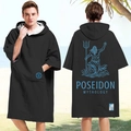Quick-dry microfiber beach hooded poncho in black with blue Poseidon graphic design - One Size / Pocket Style - Poseidon