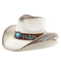 Vintage ivory straw cowboy hat with embroidered turquoise band and central stone detail - M (56-58cm) / White Gradient
