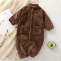 Brown plush infant romper with warm long sleeves and decorative pockets for winter - 66cm / Dark Brown
