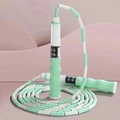 Adjustable mint green and white beaded jump rope for students with name and class label - Signature Green Soft Bead Bamboo Joint Design