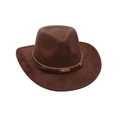 Brown faux suede western cowboy hat with braided band and golden feather pendant - One Size / Coffee