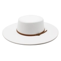 Classic white wool felt flat top boater hat with a brown leather decorative belt strap - Size M (56-58cm) / White