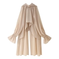 Elegante abito in chiffon beige con scollo a pieghe e maniche a campana fluenti - S / Cachi Scuro