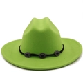 Close-up of neon green wool felt cowboy hat with black band and vintage silver buckles - M (56-58cm) / Fruit Green