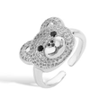 Macro detail of silver bear ring featuring pavé crystals and black stone eyes - Silver White Zirconia (Bear Head Style)