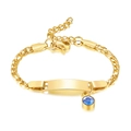Gold stainless steel birthstone bracelet with blue zircon and customizable ID tag - March-Gold-16cm