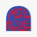 Blue knitted winter beanie featuring bold red jacquard letters for outdoor warmth - Royal Blue