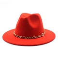 Close-up of red wide brim fedora hat featuring a stylish gold metal chain decoration - M (56-58cm) / Orange Red