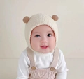 Plush cream baby earflap hat with brown pom-poms and warm faux lamb wool lining - Cap circumference 40-48cm, suitable for 3-18 months / Small Ball Beige