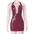 Detail view of burgundy glossy faux leather mini dress with deep V-neck halter design - XS / Dark Red
