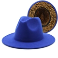 Royal blue wide brim fedora hat with leopard print lining in thickened felt material - M (56-58cm) / Sapphire Blue