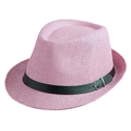 Cappello fedora in paglia rosa con fascia in pelle nera e fibbia argento - Stile Bambini (52-54cm) / Rosa