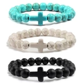 Three-piece beaded bracelet set with turquoise, white stone, and matte black beads with crosses - Three-Piece Set