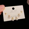 Three-piece gold earring set with S925 silver posts featuring cross and X-shaped designs - Gold-Rhinestone Cross Pearl Set (76#)