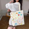 Weiße Canvas-Einkaufstasche mit buntem Cartoon-Katzenmotiv und HAPPY DAY Aufdruck für Damen - Glückliche Katze / Kein Reißverschluss Keine Innentasche