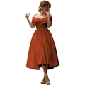 Elegant caramel satin off-the-shoulder A-line midi dress with pleated bodice details - US size 12 (L) / Bottoms / Orange