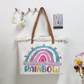 Nordic woven rainbow canvas tote bag with white fringes and brown leather straps - Rainbow Pattern 2