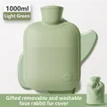 Light green 1000ml hot water bottle with soft plush rabbit fur cover and leakproof lid - Light Green Water Bag + Faux Rabbit Fur Cover / 500ml (Small)