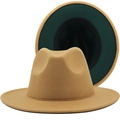 Classic khaki wool fedora hat with contrast dark green underbrim and wide flat brim design - Camel/Dark Green