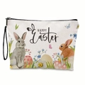 Easter makeup bag with linen texture, watercolor bunny, and Happy Easter floral print - White Background Watercolor Easter Scene (HAPPY Easter)