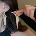 Gold tassel earrings with amber gemstone and sparkling diamonds worn by a model - Rhinestone Square Cross Twist Tassel (47#)