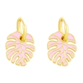 Close-up of golden hoop earrings with pink enamel monstera leaf pendants and detail - Pink
