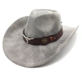 Detail of light gray mesh cowboy hat with brown leather band and bull head metal charms - M (56-58cm) / Striped Grey