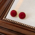 Detailed view of red velvet round earrings with elegant gold metal trim and vintage style - 925 Silver Earring Post / Gold Red Round