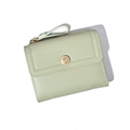 Light green trifold wallet for women featuring a floral gold button and wrist strap - Green