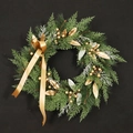 Christmas wreath with green pine needles, golden berries and a luxury gold ribbon bow - 55cm (Without Light)