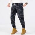 Men's camo cargo jogger pants with drawstring waist and flap pockets in black grey - Gray