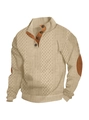 Close-up of beige cable-knit sweater featuring a buttoned stand collar and brown elbow patches - S / Tops / Khaki