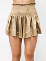 Detail of high waisted metallic gold shorts with elastic waistband and pleated fabric - S / Bottoms / Metallic Gold Black