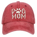 Washed red cotton baseball cap with white DOG MOM 3D embroidery and paw design - Washed Red DOG MOM Embroidery Baseball Cap