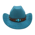 Ethnic western cowboy hat in turquoise felt with brown leather band and stone inlay - One Size / Malachite green