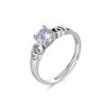 Anello regolabile in argento con zircone viola rotondo e fascia con intrecci traforati - Stile Doppio Anello / Zirconia Viola