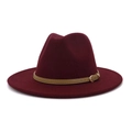 Detail of burgundy fedora hat with khaki leather band and gold buckle accent - M(56-58cm) / Wine Red + Light Khaki Belt