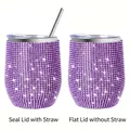12oz purple rhinestone stainless steel wine tumbler with straw and flat lid options - 360ml with Sealed Lid and Stainless Steel Straw / Purple