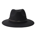 Close-up of black felt fedora hat featuring a brown braided band and metal rhino buckle - Bronze Bull Decoration