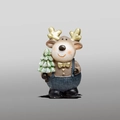 Figura de reno navideño con pantalones de rayas azules sosteniendo un pequeño árbol nevado - Resina / Reno con Árbol de Navidad