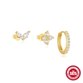 S925 Sterling silver gold plated floral stud and zircon hoop earring set for women - 3-Piece Set - Petal Leaf