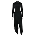 Sexy black long sleeve backless jumpsuit with side slit and ruched detail on model - S / Black
