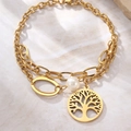 Goldenes zweilagiges Edelstahlarmband mit Lebensbaum und weißer Perle für Damen - N8839