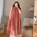 Pink cashmere feel long scarf with tassels shown in a stylish mirror selfie - Water Pink