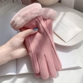 Pink winter faux suede gloves with soft fur trim and touch screen feature for women - One Size / Pink Fleece Trim